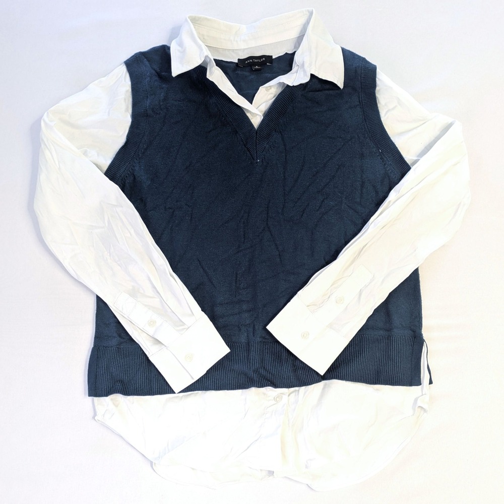 Ann Taylor Mixed Media Layered Look Sweater Vest Shirt Navy White Medium